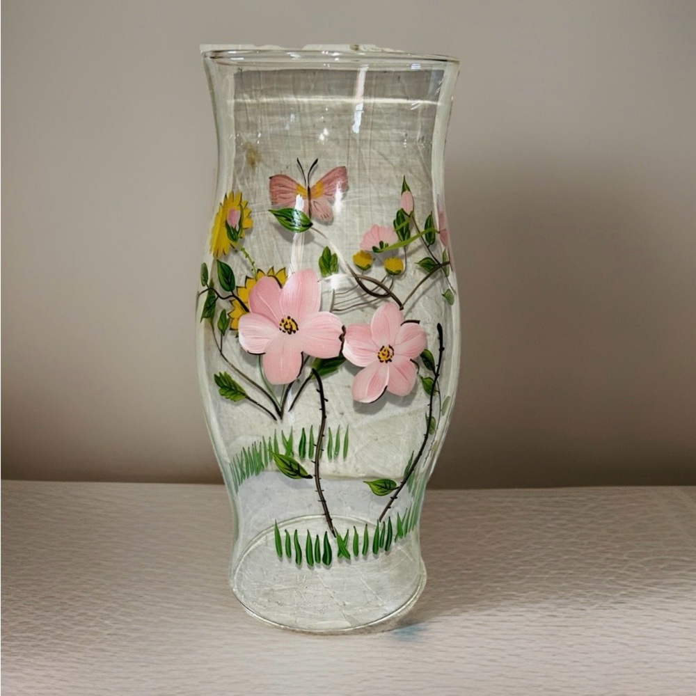 Large Hurricane Chimney Candle Shade Blown Glass Hand Painted Flower Butterfly